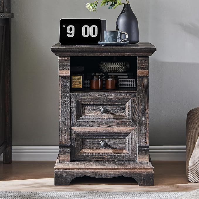 Farmhouse Nightstand with Charging Station, 18" End Table with 2 Drawers Storage and 1 Storage Shelf, Wooden Sofa Side Table w/Roman Column, Bedside Cabinet for Bedroom, Living Room, Dark Rustic Oak
