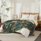 Boho Throw Blanket for Bed 90”x98”, 100% Cotton Woven Blanket for Couch Sofa, Ultra Soft 4-Layer Muslin Quilt with Bird Floral Printed, Farmhouse Bed Blanket/Cover for Living Room Decor