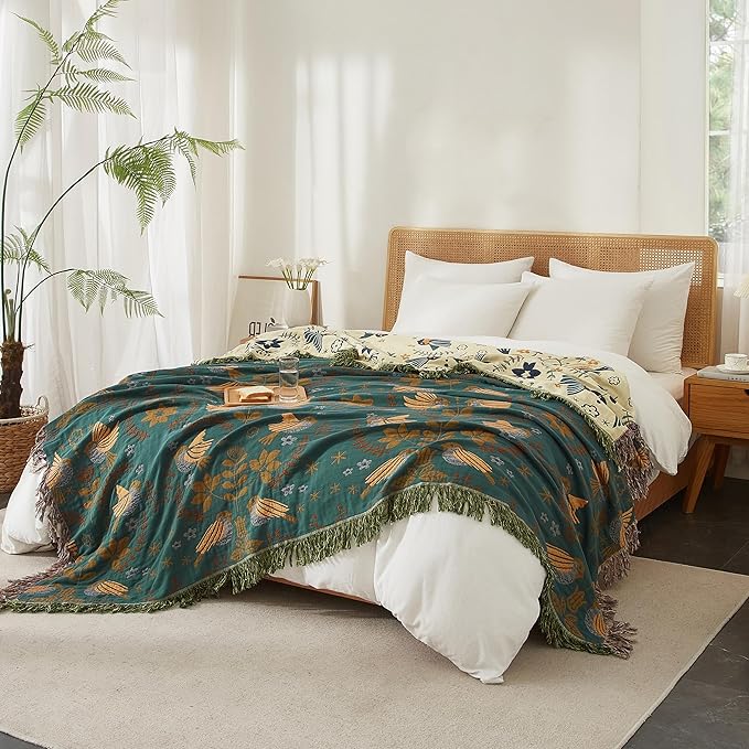 Boho Throw Blanket for Bed 60”x80”, 100% Cotton Woven Blanket for Couch Sofa, Ultra Soft 4-Layer Muslin Quilt with Bird Floral Printed, Farmhouse Bed Blanket/Cover for Living Room Decor