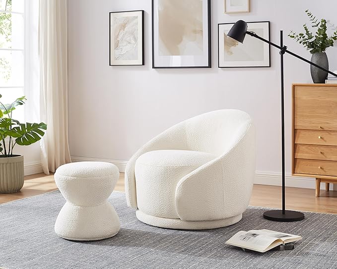 VANOMi Multi-Functional Boucle Ottoman, Vanity Stool Chair, Sturdy Rotating Wooden Footstool, Suitable for Living Room, Bedroom, and Entryway, Without Installation, Swivel, White