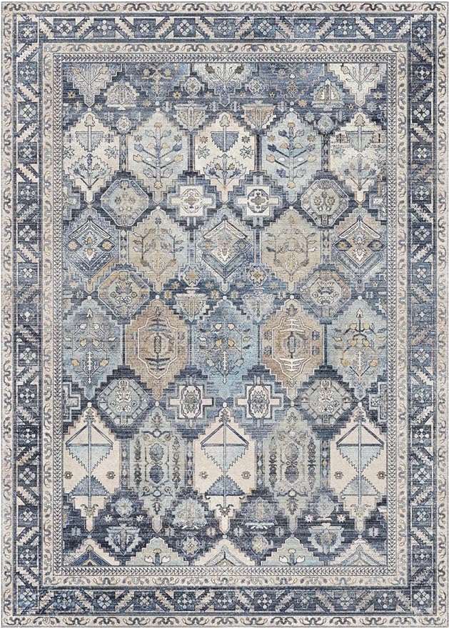 GENIMO 3x5 Area Rugs for Living Room, Machine Washable Non Slip Vintage Rugs, Low Pile Lightweight Chenille Print Rug for Bedroom, Dining Room, Home Office, Brown Blue