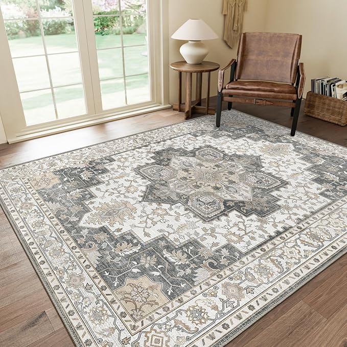 GENIMO 9x12 Area Rugs for Living Room, Non Slip Machine Washable Vintage Rugs, Low Pile Lightweight Chenille Print Large Rug for Bedroom, Dining Room, Home Office, Heathered Grey