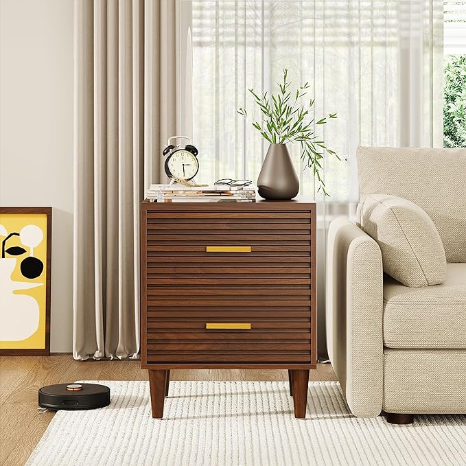 Alohappy Nightstand, Mid Century Modern Night Stands, Fluted Bedside Table for Bedroom, End Table with Storage Drawers, Vintage Bed Side Table Wood Accent Table for Living Room, Brown 1pc