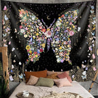 Damanse Butterfly Tapestry Wall Hanging Cute,Boho Wall Tapestry for Bedroom Aesthetic,Flower Living Room Decor for Teen Girls (Black, 59.80" x 78.70")