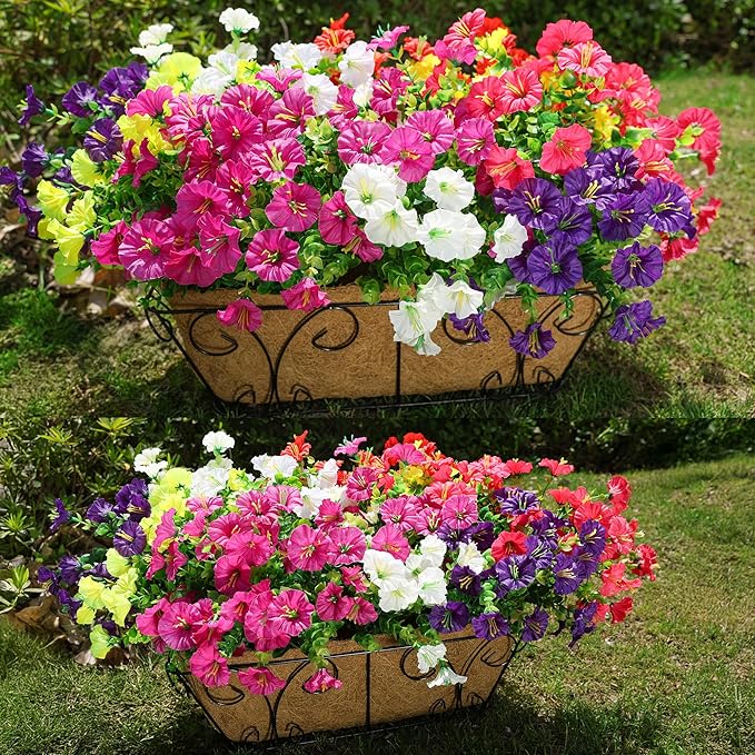 HyeFlora Artificial Flowers for Outdoors Fake Plants Outside Decoration, 12 Bundles Silk Colorful Morning Glory with Eucalyptus UV Resistant Realistic Faux Flowers for Planter Porch Patio Yard Garden