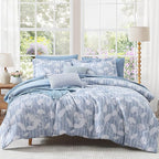 King Comforter Set -7 Pieces Blue Floral Comforter Set for All Seasons, Bed in a Bag King with Botanical Flowers Comforter, Sheets, Pillowcases & Shams