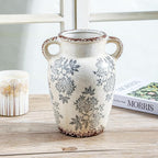 Enra Vintage vase with Handle,9.4 inch Blue and White Ceramic Decorative Flower vase, Chinoiserie Floral Vase,Large Rustic Vases for Home Decors, Living Room, Bookshelf, Office