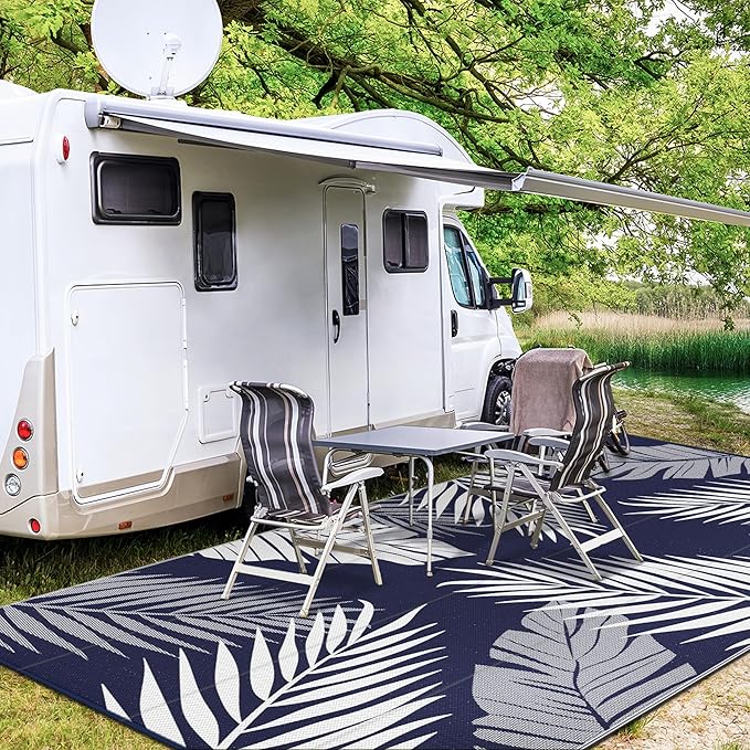 GENIMO Outdoor Rug 10' x 14' Waterproof for Patios Clearance, Reversible Outdoor Plastic Straw Camping Rug Carpet, Large Area Rugs Mats for RV, Camper, Deck, Balcony, Porch, Beach, Navy Blue&White