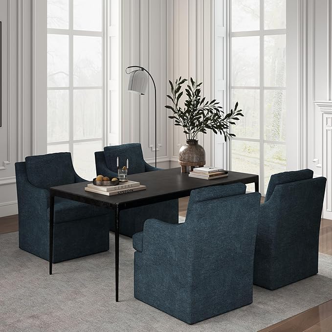 VKNOW Upholstered Dining Chairs Set of 4, Modern Kitchen Chairs Dinner Chairs with 4 Casters, Linen Armchair for Bedroom Reading Room Living Room, Navy