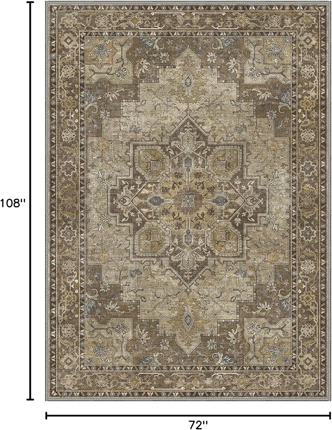 GENIMO 6x9 Area Rugs for Living Room, Machine Washable Non Slip Vintage Rugs, Low Pile Lightweight Chenille Print Rug for Bedroom, Dining Room, Home Office, Rustic Brown