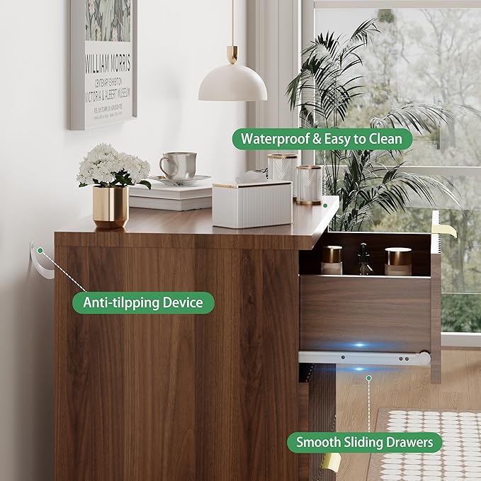 Fluted Nightstand, 24" Wide Side Table with 3 Large Storage Drawers, Mid Century Modern Wood Night Stand with Metal Handle, Wooden Bedside End Table for Bedroom, Living Room, Closet, Walnut