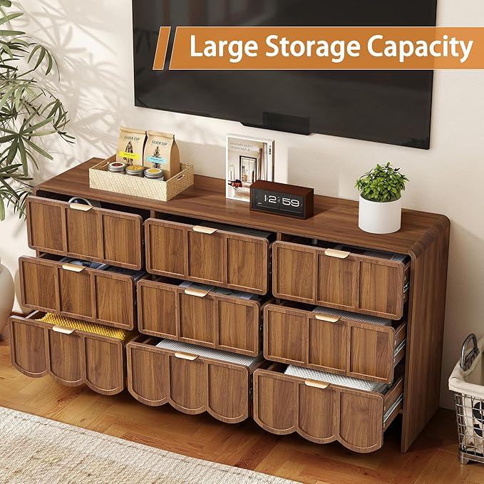 9 Drawer Dresser for Bedroom, Modern Closet Chest of Drawers with Wave Fluted Drawer, Wood Storage Small Dresser Organizer for Nursery Bedroom Living Room Hallway Closet (Walnut)