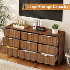 9 Drawer Dresser for Bedroom, Modern Closet Chest of Drawers with Wave Fluted Drawer, Wood Storage Small Dresser Organizer for Nursery Bedroom Living Room Hallway Closet (Walnut)