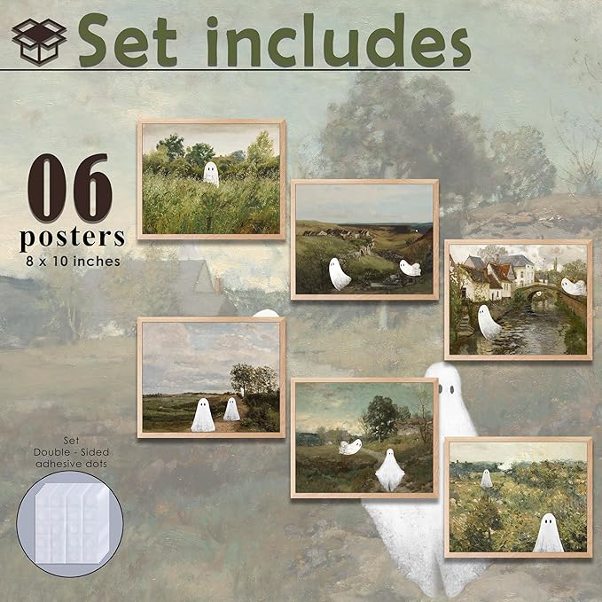 LANCHI95 6 Pcs 8x10 In Halloween Wall Art Prints, Vintage Witch Posters, Cute Ghost Pictures for Bedroom Decor (UNFRAMED)