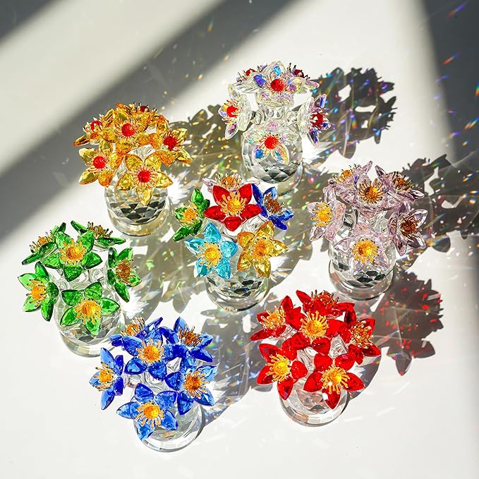 Colorful Crystal Flower Figurine with Base Multicolor Floral Home Decor Christmas Tabletop Centerpiece