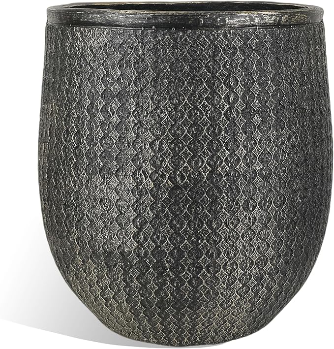 Worth Garden Large Round Planter – 14.5" Dia x 17.5" H Lightweight Magnesium Oxide Cement Plant Pot with Texture – Raised Pattern Concrete Look – Drainage Hole – Indoor & Outdoor Use - Black Gold