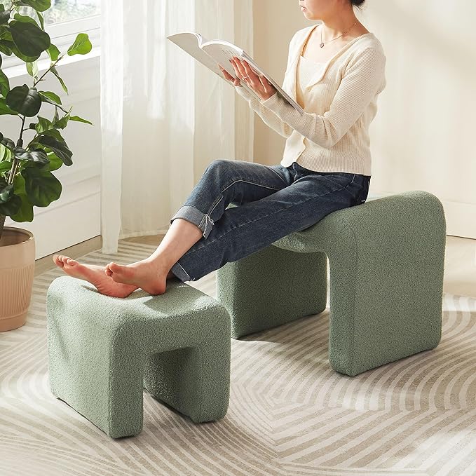 Ottoman Set of 2 Vanity Stool Chair Seating Backless Modern Foot Rest Teddy Velvet Small Footstool Ottoman for Makeup Room Living Room Bedroom Entryway,(2-in-1) Green