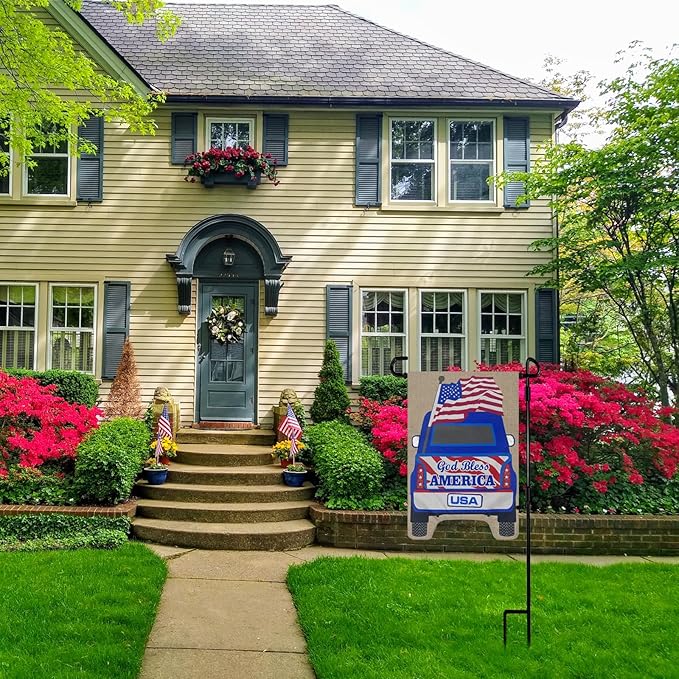 TOPFLAGS Garden Flag Stand with American Garden Flags God Bless America and Car Yard Flag 12x18 Inch Holder Pole Stake Double Side for Outside with Clips and Stopper for Memorial Day 4 th of July