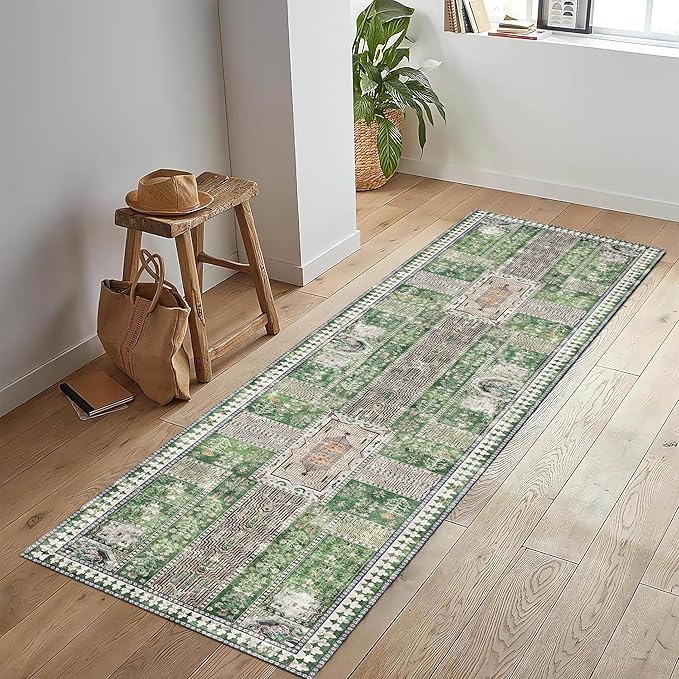 Vintage 2'6'' x 8' Washable Area Rug - Stylish Indoor Rug for Living, Dining or Bedroom - Lightweight Carpet with Non-Slip Backing - Foldable for Easy Placement and Maintenance - Green