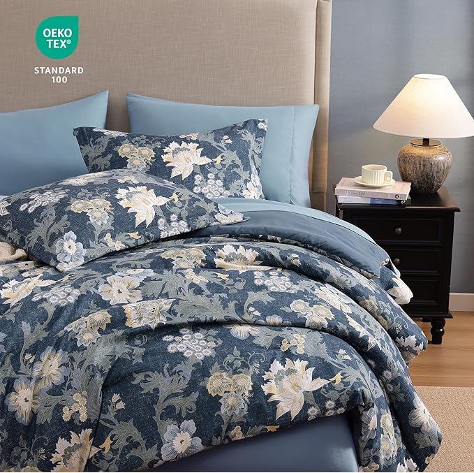 Queen Comforter Set -7 Pieces Floral Navy Blue Comforter Set for All Seasons, Bed in a Bag Queen with Botanical Flowers Comforter, Sheets, Pillowcases & Shams