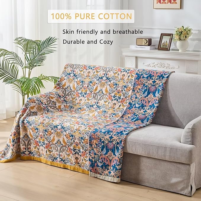 Boho Throw Blanket for Couch,100% Cotton Summer Blanket for Bed, Ultra Soft Rustic Quilt for Bed, Home Decor, Boho Picnic Blankets with Bird and Flowers for All Seasons,Twin 60"x80"