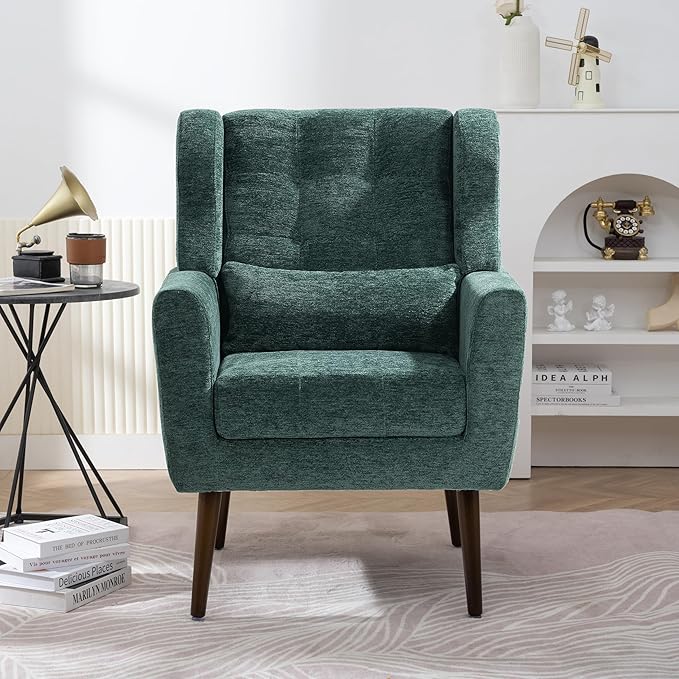Accent Chair, Comfy Upholstered Living Room Chairs with High Tufted Backrest and Pillow, Wingback Reading Chair with Solid Wood Legs for Bedroom/Office, Chenille Fabric, Blackish Green