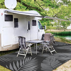 GENIMO Outdoor Rug 10' x 14' Waterproof for Patios Clearance, Reversible Outdoor Plastic Straw Camping Rug Carpet, Large Area Rugs Mats for RV, Camper, Deck, Balcony, Porch, Beach, Picnic, Black&Grey