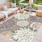 Indoor Outdoor Area Rug Washable Multicolored Patio Rug Tropical Botanical Modern Floral Indoor Outdoor Carpet Brown White Rug Non Slip Non Shedding for Patio, Deck, Backyard, Porch (5x8)