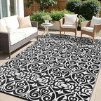 OLANLY Outdoor Rug Waterproof 6x9 ft Clearance, Reversible Outdoor Plastic Straw Rug with Floral Pattern, RV Mat for Patio, Camping, Balcony, Deck, Backyard, Black & White