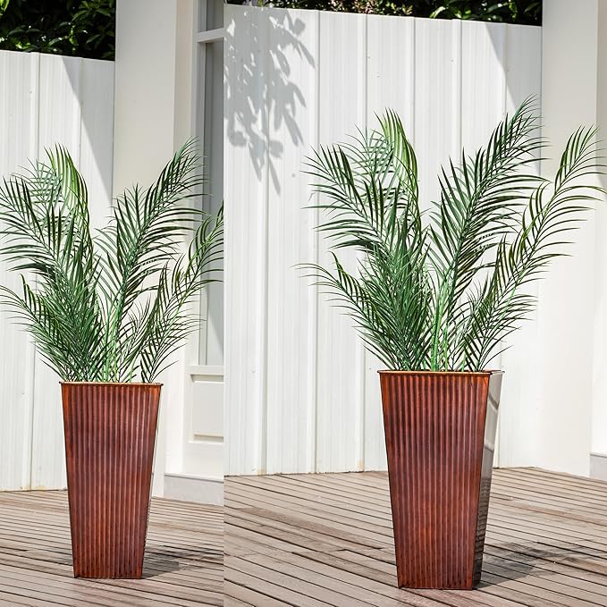 22in Vintage Handmade Metal Vertical Lines Copper Tapered Planters,Planter Box with Drainage Holes and Saucer -Set of 2, Galvanized Steel Planter for Indoor/Outdoor/Porch/Garden