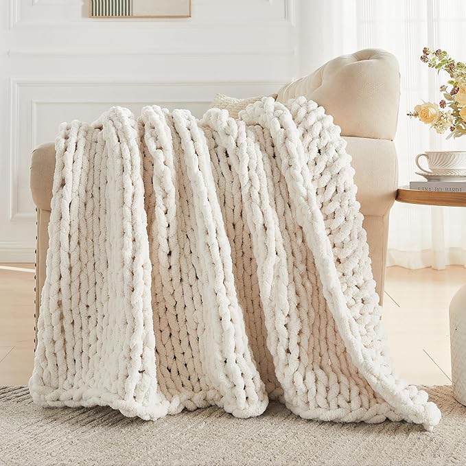 Carriediosa Chunky Knit Throw Blanket 50" X 60", 100% Hand Made Large Chenille Loop Yarn Soft Fluffy Throws for Couch Sofa Bed, Big Crochet Cozy Heavy Thick Cable Woven Blankets, Cream White