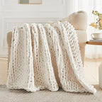 Carriediosa Chunky Knit Throw Blanket 50" X 60", 100% Hand Made Large Chenille Loop Yarn Soft Fluffy Throws for Couch Sofa Bed, Big Crochet Cozy Heavy Thick Cable Woven Blankets, Cream White