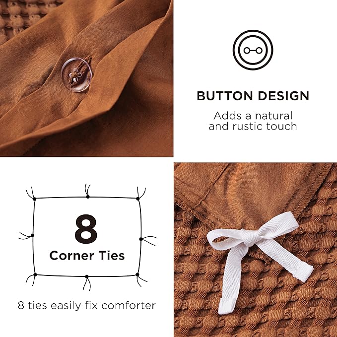 Bedsure Cooling Waffle Duvet Cover Queen - Cotton Blend Rayon Derived from Bamboo Duvet Cover Set for Hot Sleepers, Breathable Bedding Set With a Vintage Charm, 3 Pieces (Burnt Orange, Queen, 90"x90")