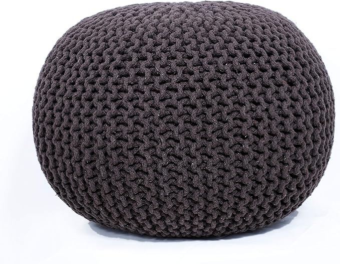 FRELISH DECOR Round Pouf Ottoman Hand Knitted 100% Cotton Pouf Foot Stool - Knitted Bean Bag - Floor Chair for Living Room Bedroom - Foot Rest for Couch (20 Diameter x 14 Height) - Brown