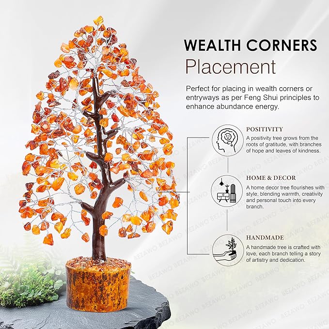 Carnelian Chakra Tree of Life - Crystal for Positive Energy, Handmade Gemstone Feng Shui Decor, Good Luck Money Tree Bonsai - Orange Healing Crystals for Sacral Chakra, Prosperity Gift