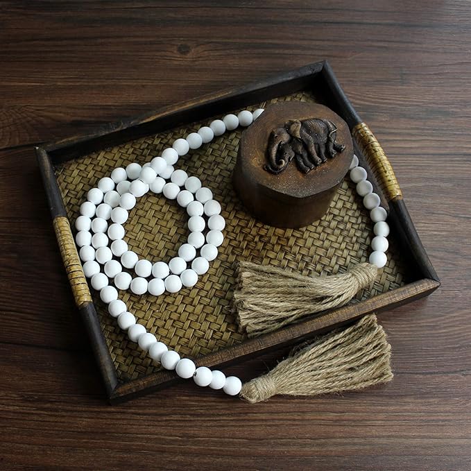 CVHOMEDECO. Wood Beads Garland with Tassels Farmhouse Rustic Wooden Prayer Bead String Wall Hanging Accent for Home Festival Decor. White