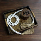 CVHOMEDECO. Wood Beads Garland with Tassels Farmhouse Rustic Wooden Prayer Bead String Wall Hanging Accent for Home Festival Decor. White