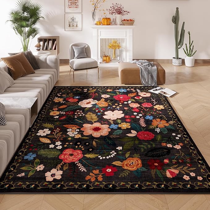 Area Rugs 9x12 Living Room Clearance Washable Boho Rug Non Slip Floral Vintage Low Pile Large Rug for Living Room, Bedroom, Farmhouse, Dining Room, Kids Playroom(Black)