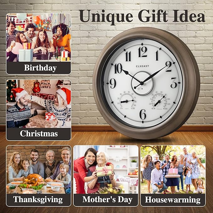 CLXEAST Illuminated Outdoor Clocks Waterproof 18 Inch with Smart Sensor,Large Outdoor Pool Clock with Temperature & Hygrometer,Grey Oak/Faux Barnwood,House Warming Gifts New Home