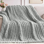 Chunky Knit Throw Blanket, 60''*80'' Knitted Throw Chenille Yarn for Bed Couch, Handmade Light Grey Crochet Big Thick Blanket, Machine Washable Cute Comfy Blanket for Home Decor