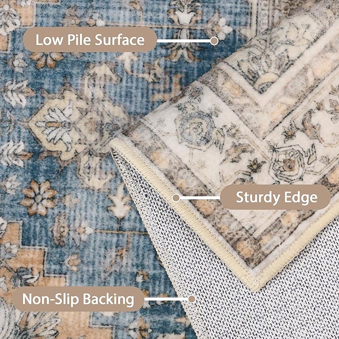 GENIMO 2x5 Runner Rugs for Hallway, Machine Washable Non Slip Vintage Rugs, Low Pile Lightweight Soft Print Rug for enrtyway, Corridor, Home Office, Kitchen, Blue Brown
