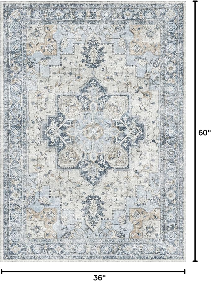 GENIMO 3x5 Area Rugs for Living Room, Machine Washable Rug, Non Slip Vintage Rugs, Low Pile Lightweight Chenille Print Rug for Bedroom, Dining Room, Home Office, Blue