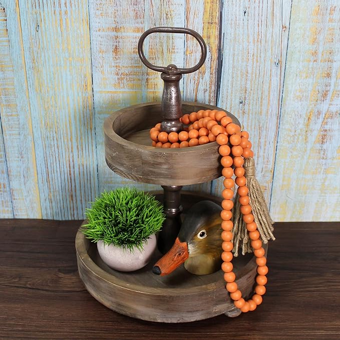 CVHOMEDECO. Wood Beads Garland with Tassels Farmhouse Rustic Wooden Prayer Bead String Wall Hanging Accent for Home Festival Decor. Orange