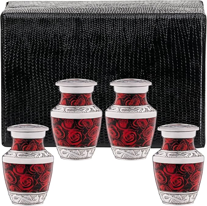 Olivia Memorials Small Urns for Ashes for Women Men - Set of 4 Roses Decorative Mini Urns for Mom Dad Female Male - Red Cremation Urn Keepsake - Flowers Memorial Urn with Roses and Ash Storage