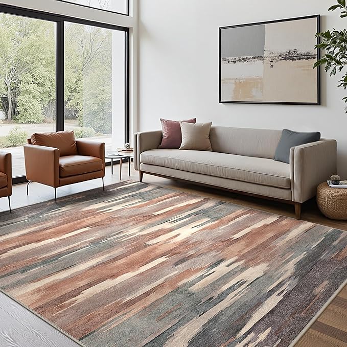 Area Rugs 8x10 Machine Washable Rug for Bedroom Living Room Dining Room, Large Modern Abstract Soft Rugs, Indoor Low Pile Carpet with Non Slip Rubber Backing, Ocher Brown