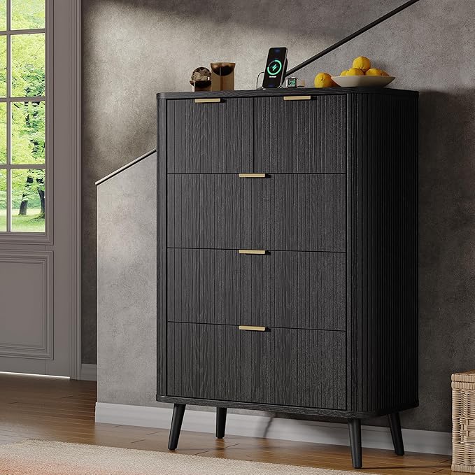 Alohappy Black Fluted Dresser with 5 Drawer and Charging, 48" Tall Mid Century Modern Chest of Drawers with Curved Profile Design, Wood Storage Dressers