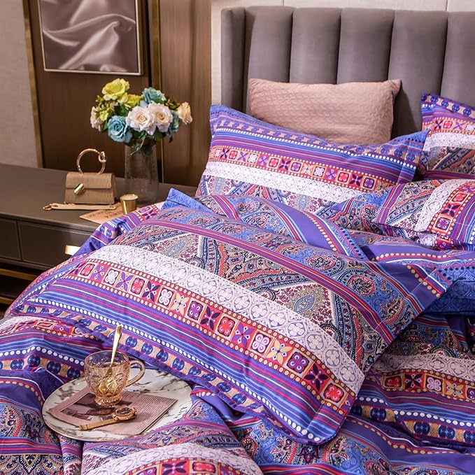 ABREEZE Bohemian Vintage Queen Size Floral Cotton Bedding Set 3Pcs Duvet Cover Set Boho Purple Paisley 100% Egyptian Brushed Cotton Reversible Home Bedding Collection