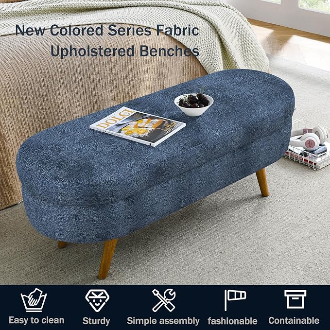 Oval Storage Bench 43.5" Linen Fabric Upholstered Entryway Bench with Solid Wood Legs Ottoman Bench Indoor Bench for Living Room/Bedroom/End of Bed/Entryway (Blue)
