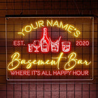 Personalized Basement Bar LED Neon Sign, Custom Name Happy Hour Acrylic Wall Light for Home Bar & Man Cave Decor
