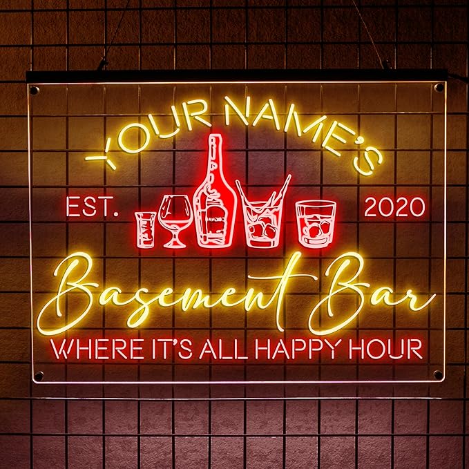 Personalized Basement Bar LED Neon Sign, Custom Name Happy Hour Acrylic Wall Light for Home Bar & Man Cave Decor